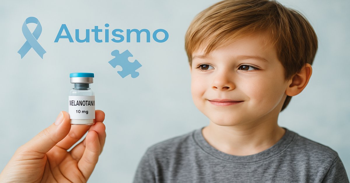 Niño sonriente observando un vial de Melanotan II, con la palabra “Autismo”, un lazo azul y una pieza de puzzle, símbolos de concienciación del TEA