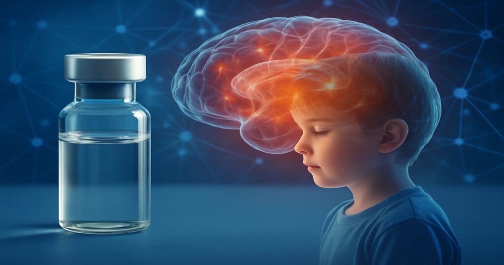 Vial médico junto al perfil de un niño con representación cerebral brillante, simbolizando avances en el tratamiento del autismo con Melanotan II