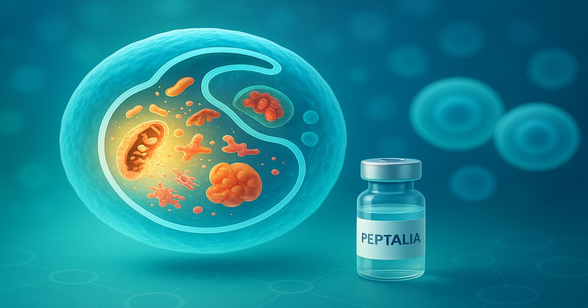 Ilustración de una célula con autofagia activa, mostrando organelos degradados junto a un vial de PEPTALIA en un entorno celular