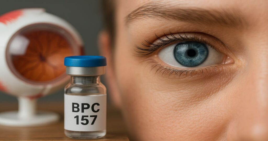 Primer plano de ojo azul junto a vial de BPC 157 y modelo anatómico del ojo en segundo plano