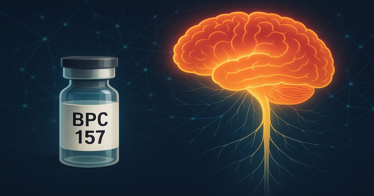 Vial de BPC 157 junto a un cerebro iluminado y médula espinal, simbolizando su efecto en el sistema nervioso