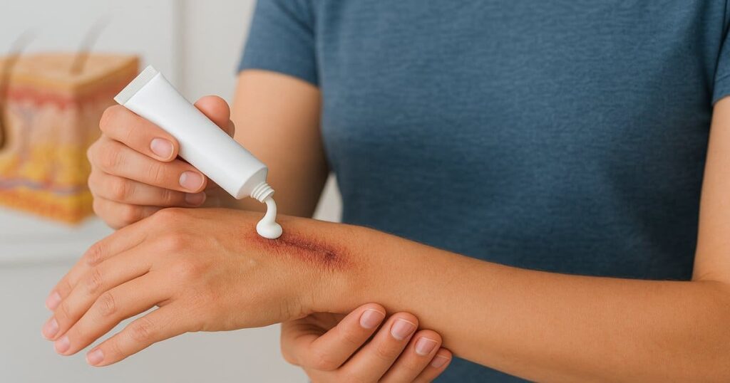 Mano aplicando pomada blanca sobre una herida en el antebrazo para acelerar la cicatrización de la piel