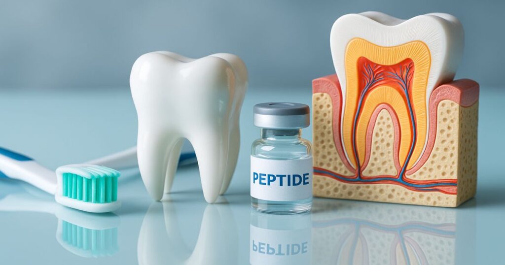 Cepillo de dientes, vial de péptido y modelos anatómicos de dientes sobre fondo azul, representando avances en reparación del esmalte dental