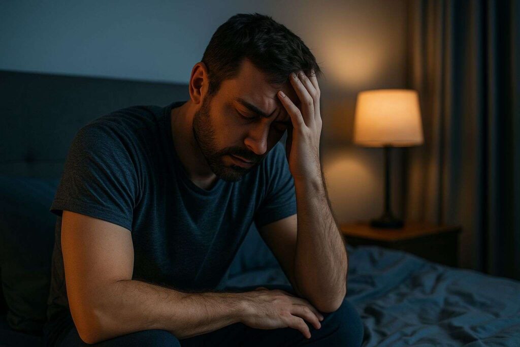 Hombre abatido por el insomnio se sienta en su cama de noche, con gesto de fatiga mental en un entorno tenue y silencioso