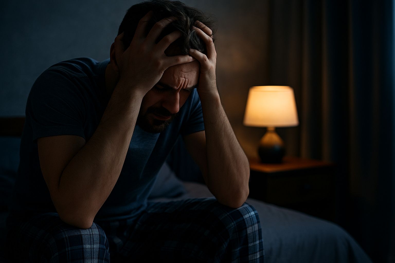Hombre sentado en la cama con expresión de angustia en la madrugada, reflejando insomnio y ansiedad crónica