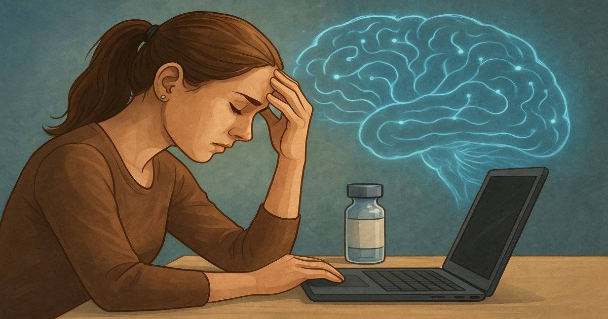 Mujer estresada frente a un portátil, con una ilustración de cerebro brillante al fondo y un vial médico en la mesa, simbolizando avances para mejorar la capacidad mental