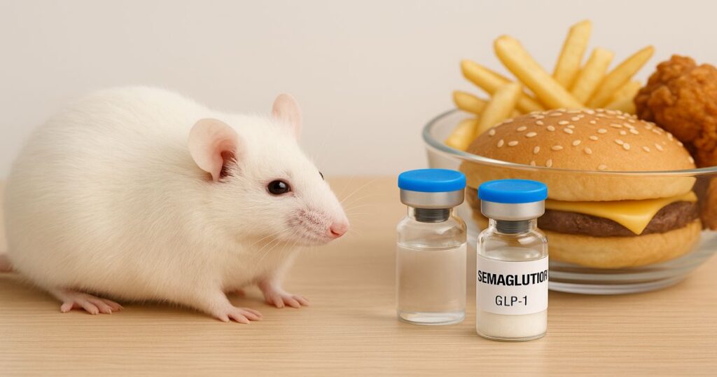 Ratón blanco de laboratorio junto a viales de semaglutida y un bol con comida alta en calorías, ilustrando investigación sobre pérdida de peso