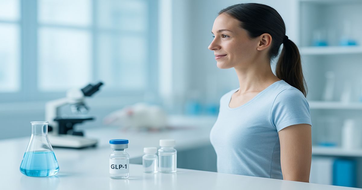 Investigadora en laboratorio junto a viales médicos y ratón blanco, representando estudios de semaglutida en animales para pérdida de peso