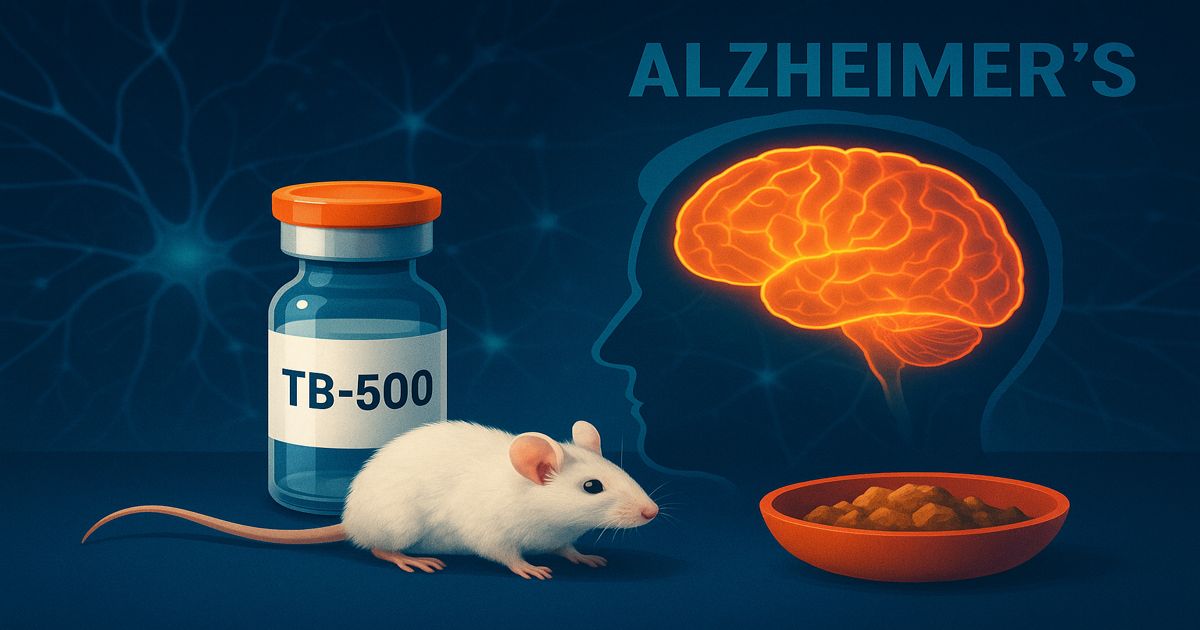 Ilustración de un ratón de laboratorio, un vial de TB-500 y un cerebro brillante, simbolizando estudios sobre el Alzheimer