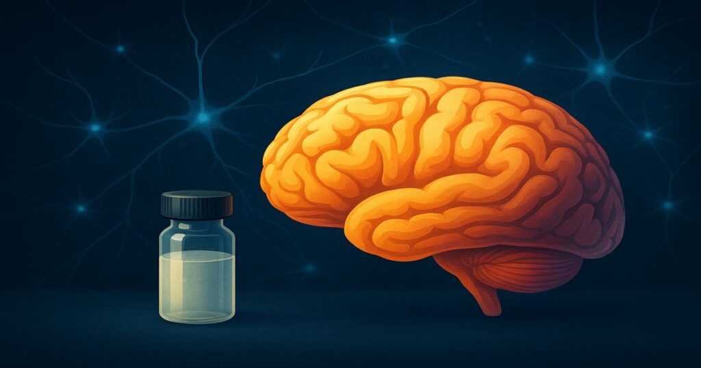 Cerebro humano iluminado junto a un vial médico sobre fondo de sinapsis, representando avances científicos en neuroprotección
