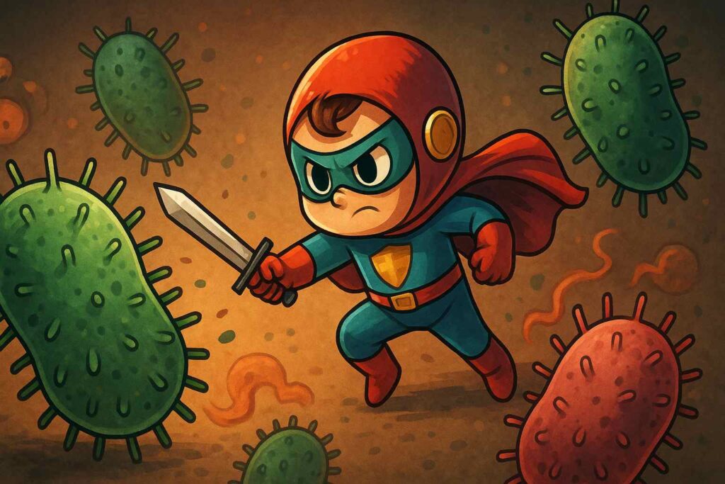 Ilustración de estilo cartoon mostrando un superhéroe enfrentando bacterias resistentes, representando el poder del clavanin-MO