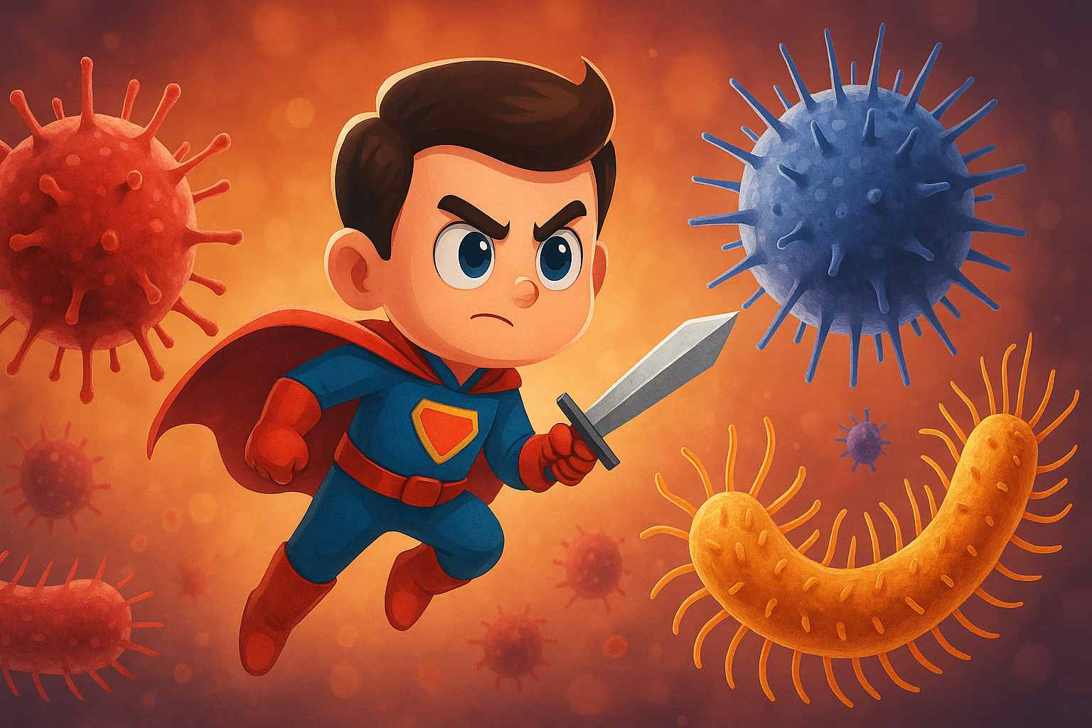 Ilustración de un superhéroe enfrentándose a bacterias resistentes, representando el poder de los péptidos antimicrobianos