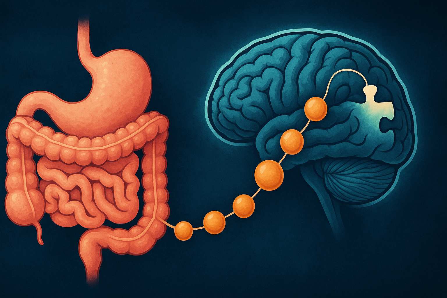 Ilustración del vínculo entre el intestino y el cerebro a través de péptidos, destacando su papel en el autismo