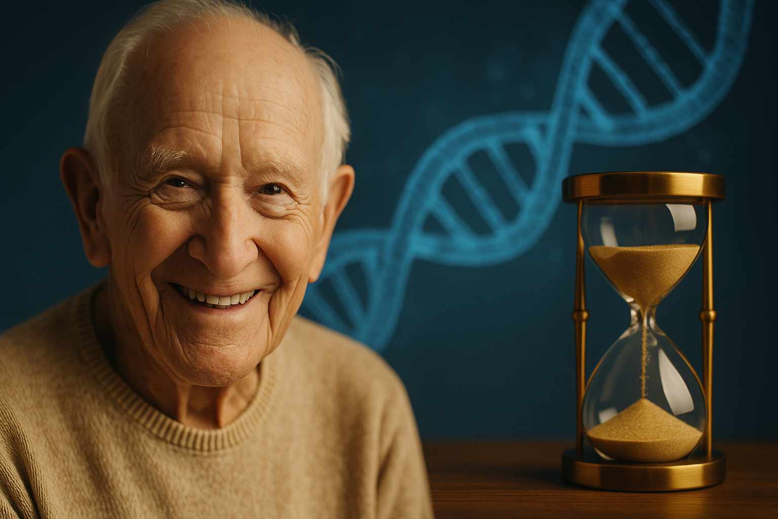 Retrato cálido de un hombre centenario con fondo natural y un reloj, simbolizando longevidad y envejecimiento saludable