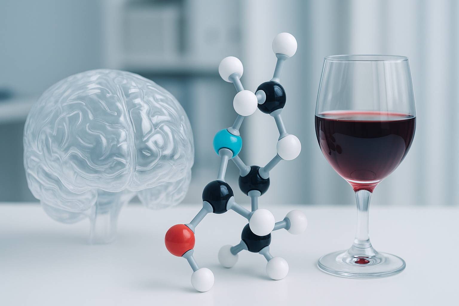 Modelo de cerebro, estructura molecular y copa de vino representando la relación entre péptidos y adicción
