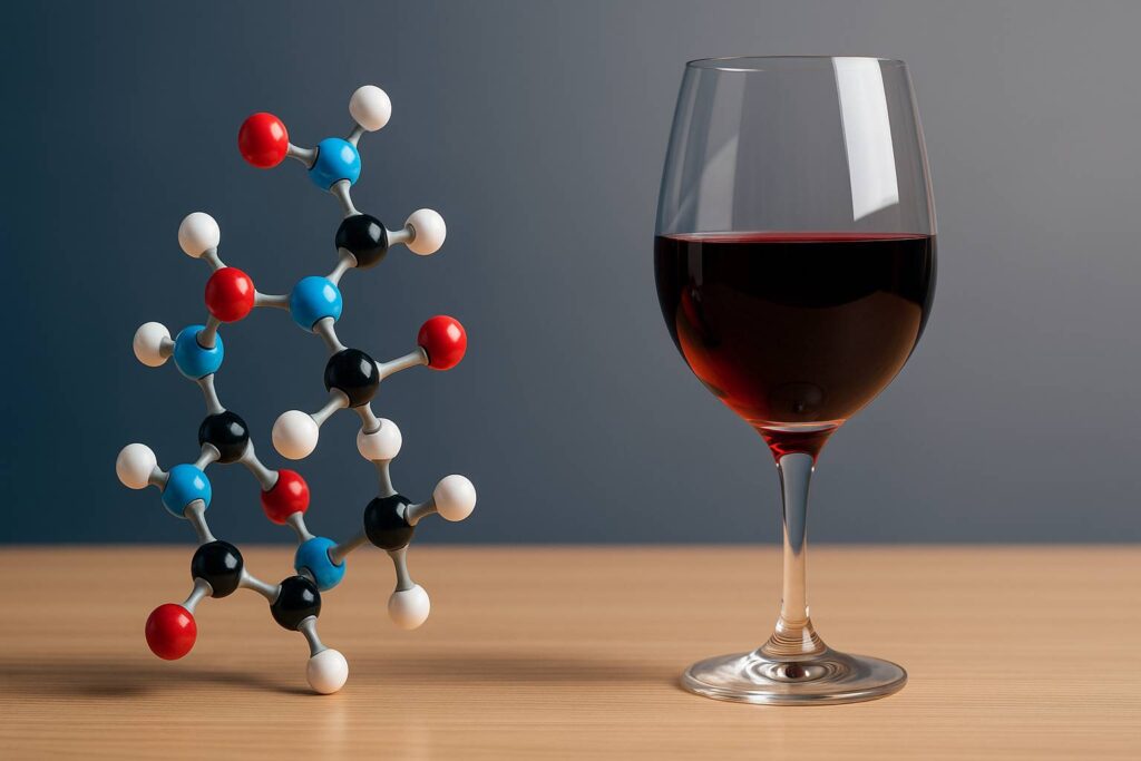 Modelo molecular junto a copa de vino, representando investigación con péptidos contra la adicción