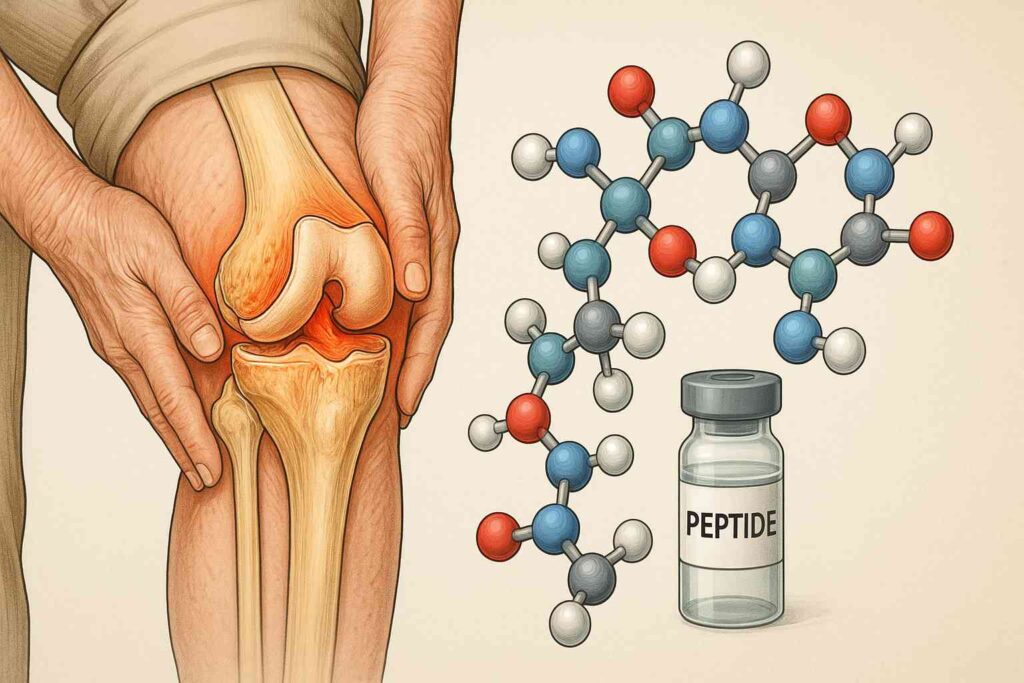 Rodilla inflamada de persona mayor junto a modelo molecular y vial de péptido