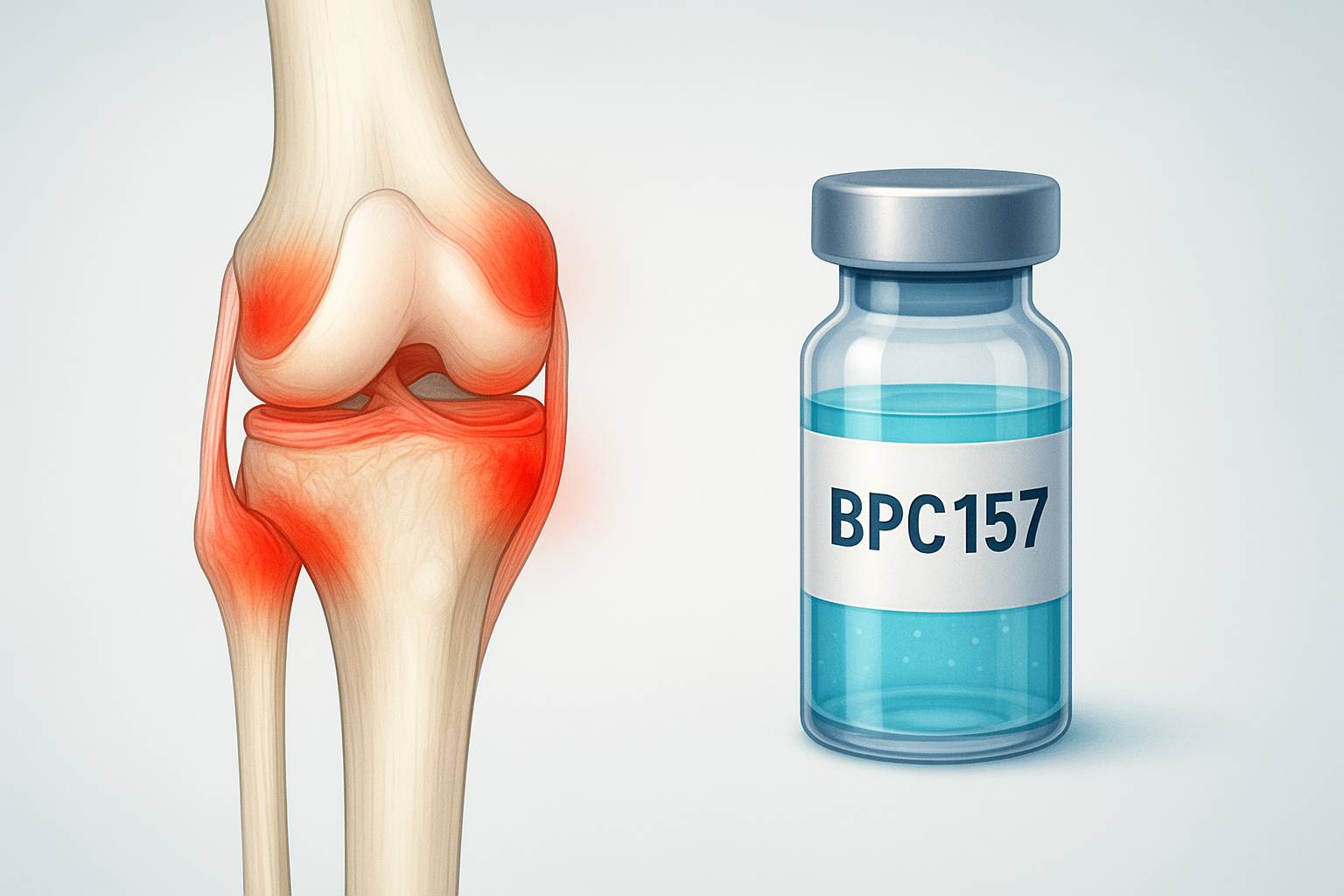 Ilustración médica de una rodilla inflamada junto a un vial de BPC157, representando su uso en artritis