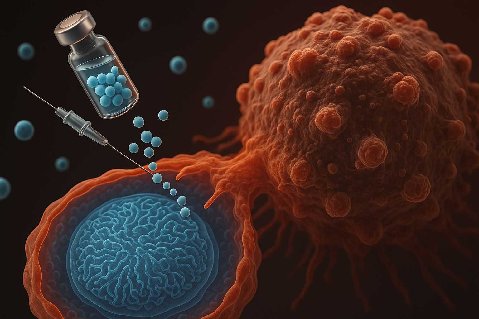 Ilustración científica mostrando la acción de péptidos terapéuticos sobre células cancerosas a nivel intracelular