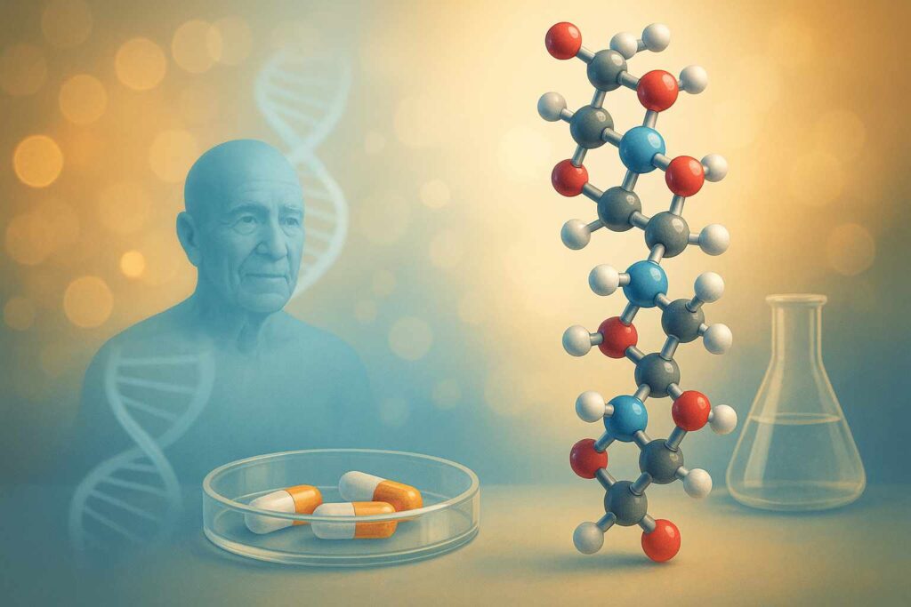 Ilustración de moléculas peptídicas, cápsulas y ADN junto a un rostro anciano, representando la investigación sobre el envejecimiento saludable