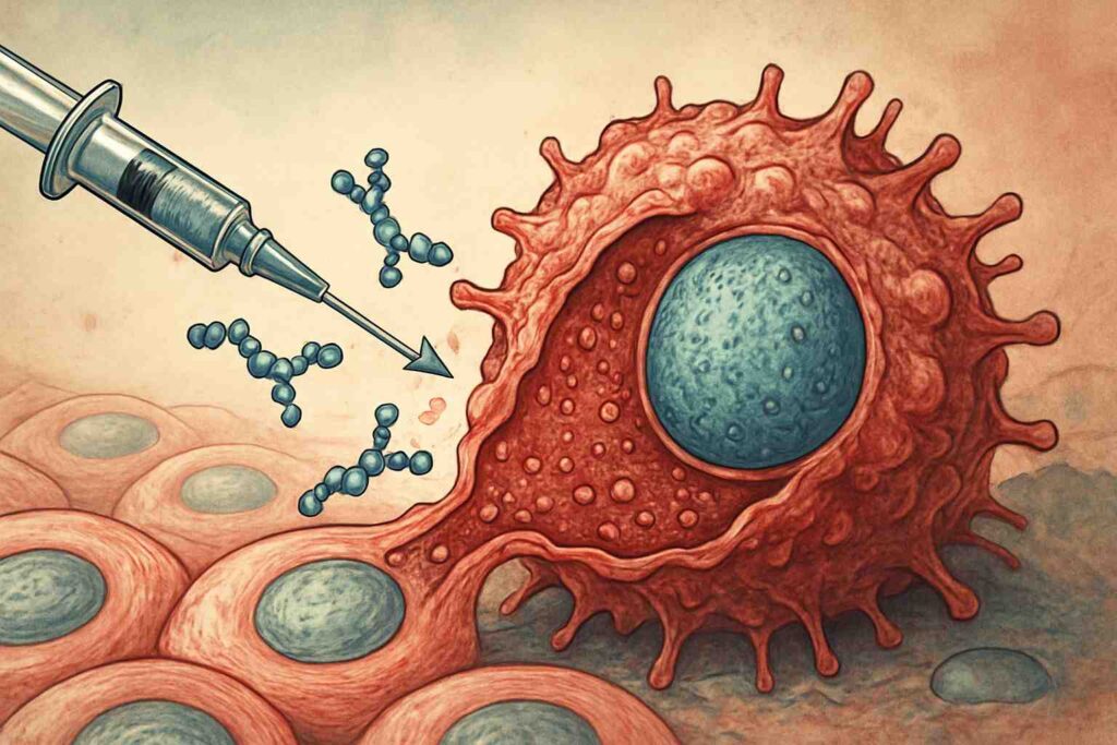 Ilustración médica de una célula cancerosa siendo atacada por moléculas terapéuticas administradas mediante inyección
