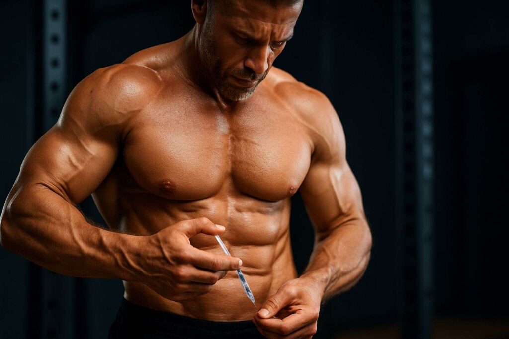 Hombre musculado aplicándose una inyección subcutánea con concentración en un entorno de gimnasio, vinculado al uso de péptidos y hormona del crecimiento