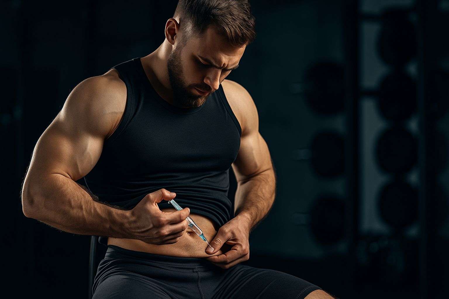 Hombre musculoso aplicándose una inyección en el abdomen en un entorno deportivo, simbolizando el uso de péptidos relacionados con la hormona del crecimiento