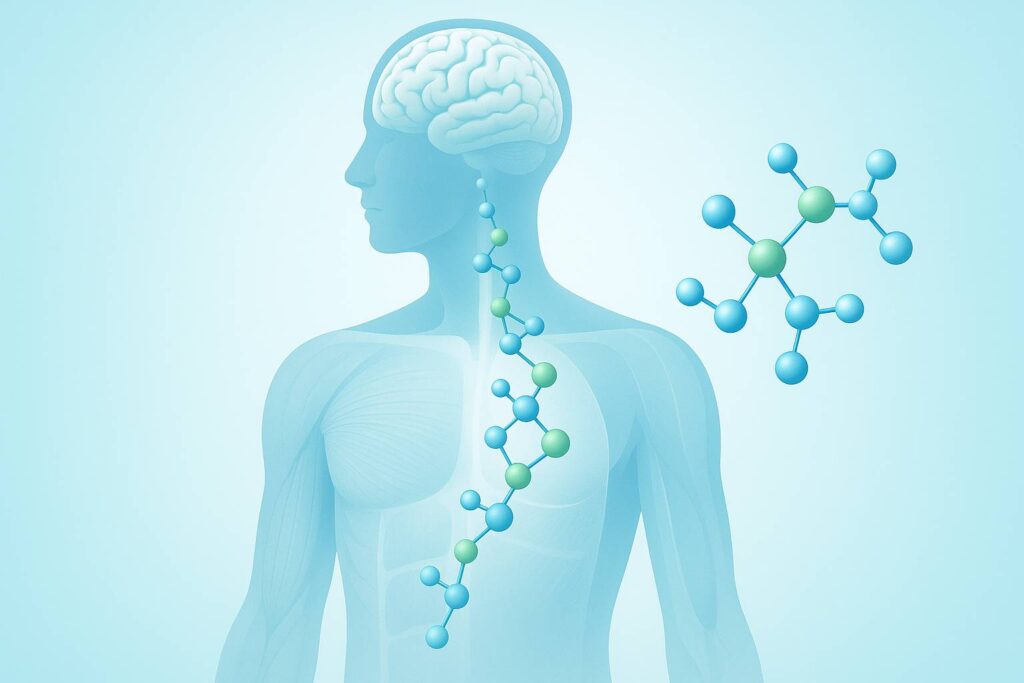 Ilustración de cuerpo humano semitransparente con moléculas de péptidos conectadas desde el cerebro hasta el abdomen