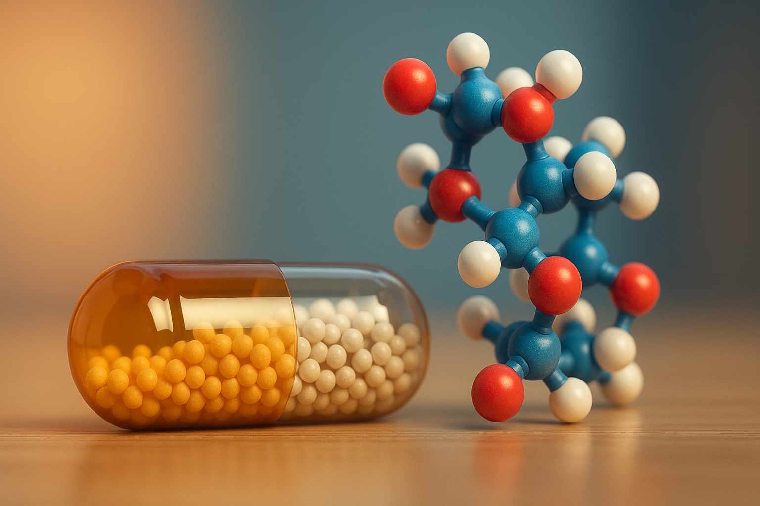 Cápsula con microesferas junto a una estructura molecular de péptido, representando el avance en suplementos orales