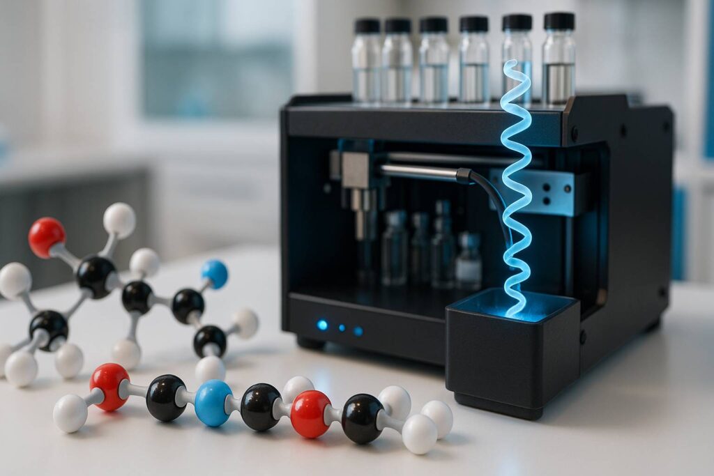 Primer plano de sintetizador de péptidos con modelos moleculares en laboratorio moderno