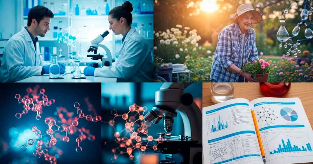 Collage de laboratorio, científicos, moléculas, gráficas y longevidad, destacando el papel de los péptidos bioreguladores en la ciencia del envejecimiento saludable.