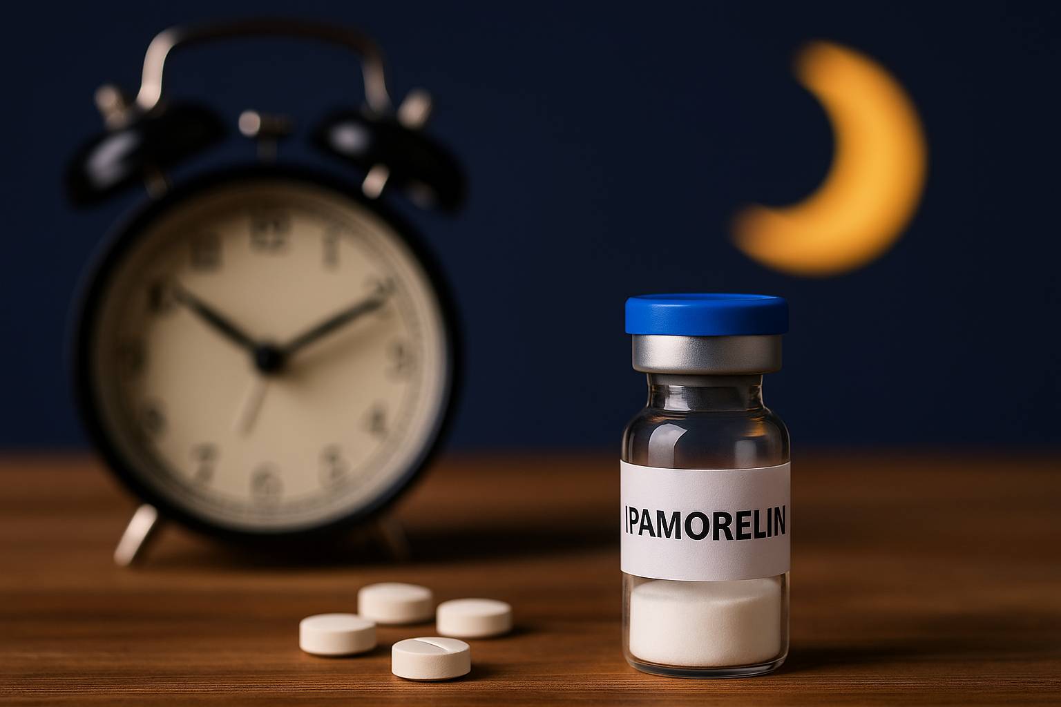 Vial de Ipamorelin junto a un reloj analógico y pastillas blancas sobre una mesa, simbolizando la importancia del momento de administración.