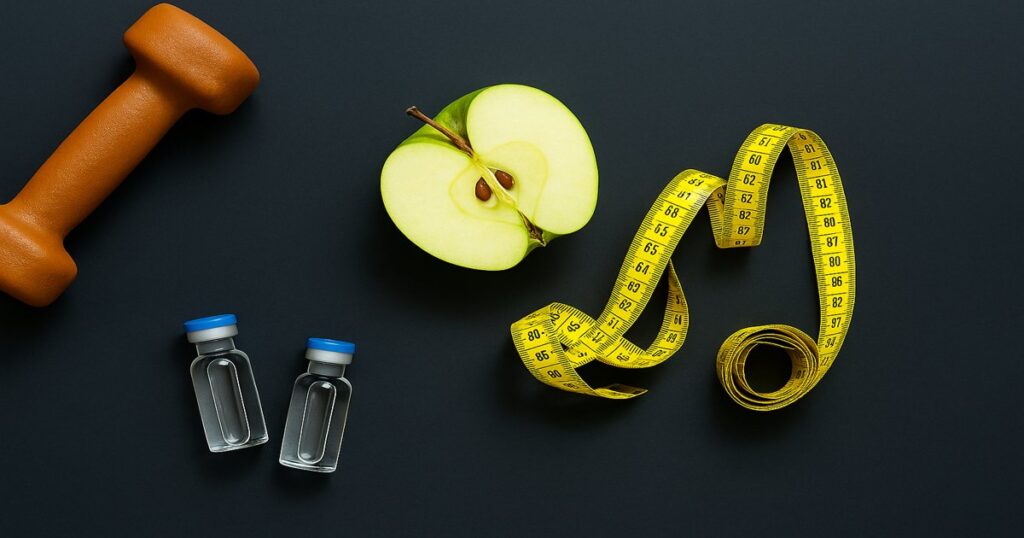 Manzana verde, cinta métrica, viales de péptidos y mancuerna sobre fondo oscuro, simbolizando nutrición, ejercicio y control del apetito.