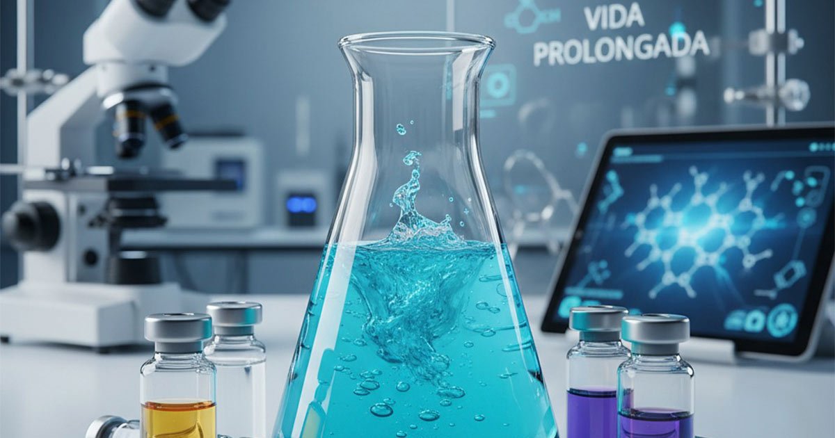 Frasco de laboratorio con líquido azul y viales en un entorno científico, representando investigación en péptidos y longevidad
