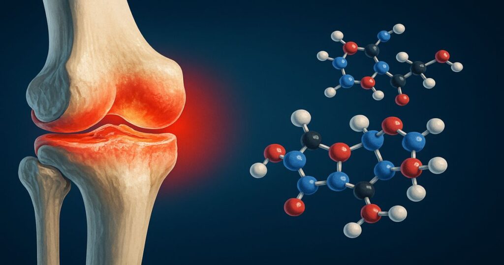 Ilustración digital de una rodilla inflamada por artritis junto a estructuras moleculares que representan péptidos regenerativos.