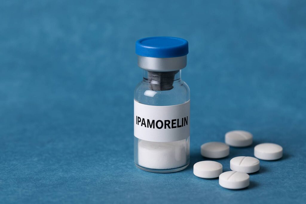 Frasco de Ipamorelin junto a varios comprimidos blancos sobre fondo azul texturizado.