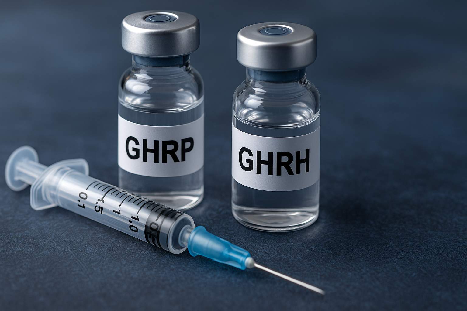 Viales transparentes de GHRP y GHRH junto a una jeringa sobre superficie azul oscura, concepto de péptidos y hormona de crecimiento