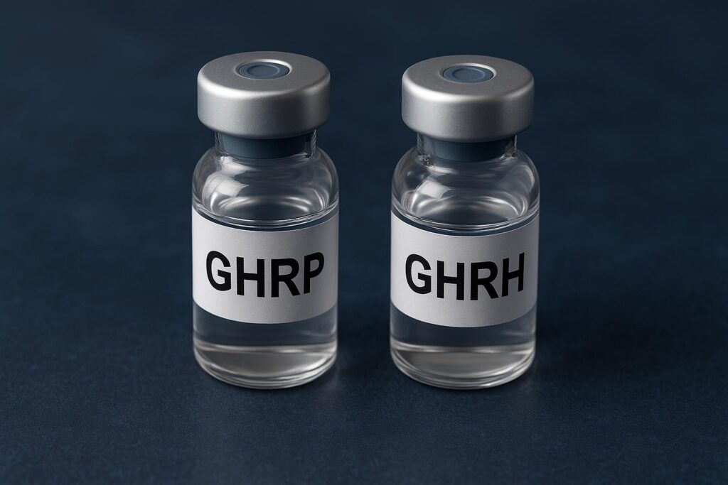 Primer plano de dos viales transparentes etiquetados como GHRP y GHRH sobre fondo azul oscuro, concepto de péptidos y hormona de crecimiento