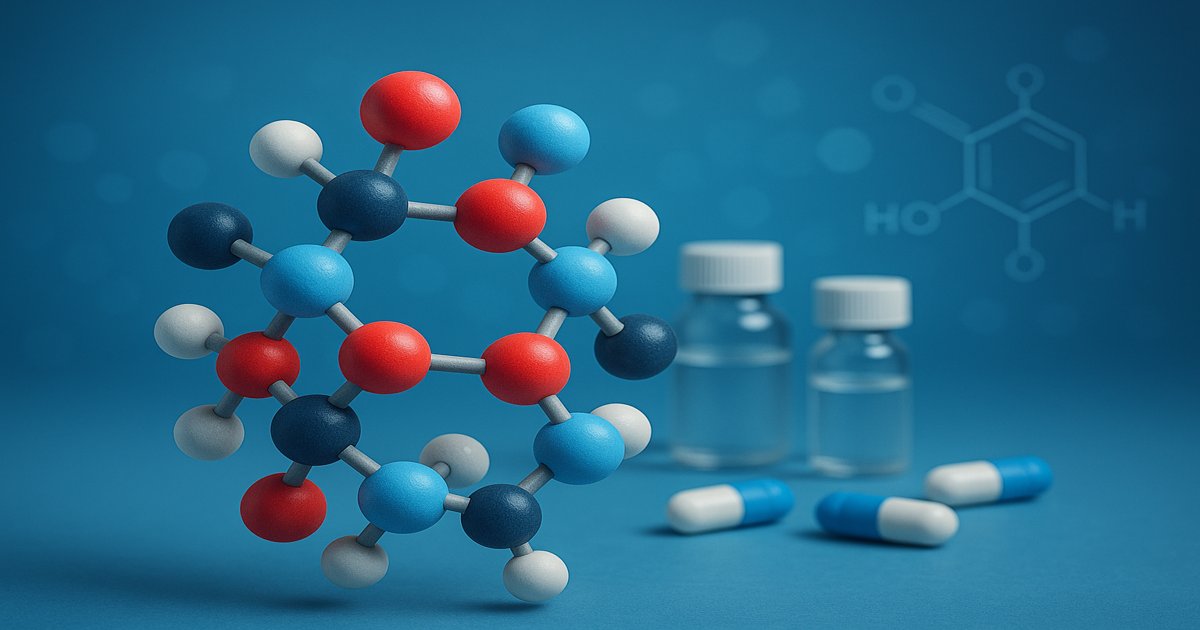 Molécula peptídica en 3D sobre fondo azul con detalles técnicos