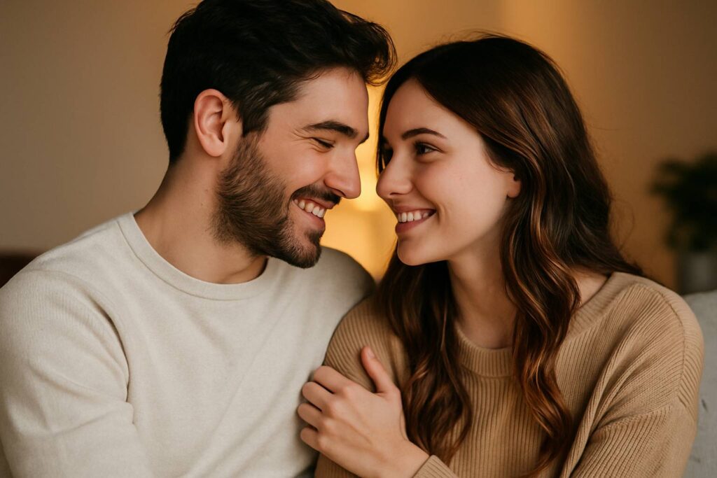 Pareja joven sonriendo y mirándose con complicidad en un ambiente íntimo y cálido.