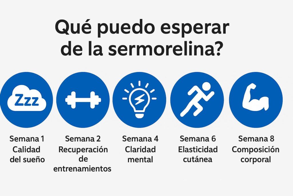 Infografía en español que muestra los beneficios de la sermorelina a lo largo de 8 semanas, incluyendo mejoras en el sueño, recuperación, claridad mental, elasticidad de la piel y composición corporal.