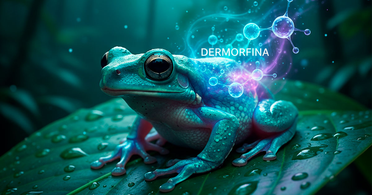 Rana verde luminiscente del Amazonas con molécula de Dermorfina flotando, simbolizando un potente analgésico natural. Descubre el origen y uso de la dermorfina.