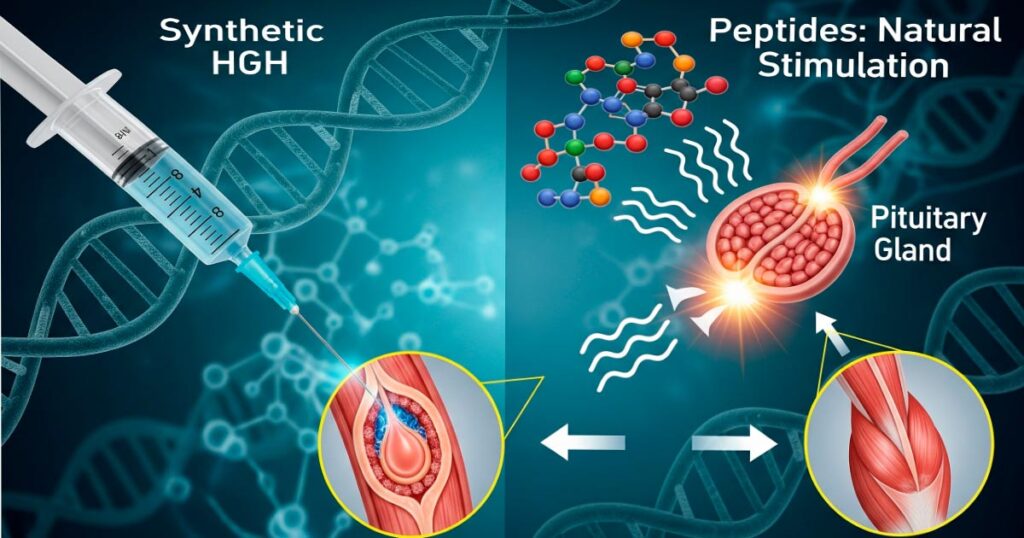 Representación visual que muestra el contraste entre la inyección de HGH en el cuerpo y la estimulación natural de la liberación de HGH a través del cerebro y la glándula pituitaria.