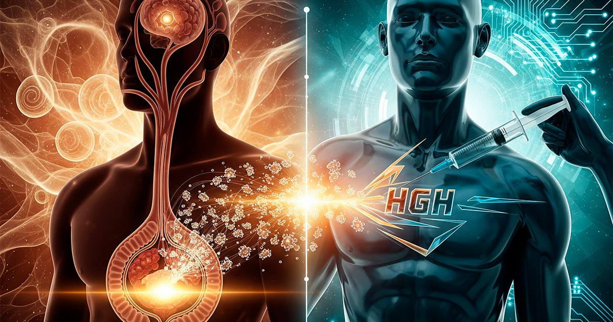 Comparación entre la inyección de HGH sintético y los péptidos para la estimulación natural de la HGH en el cuerpo. El HGH sintético se inyecta directamente en el cuerpo, mientras que los péptidos estimulan de forma natural la glándula pituitaria para producir HGH.