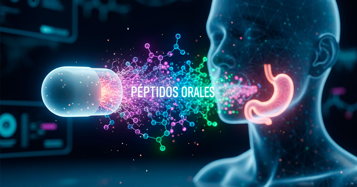 Ilustración de una cápsula de péptidos orales entrando al cuerpo humano, atravesando el sistema digestivo para su absorción celular. Simboliza el avance científico en péptidos vía oral.