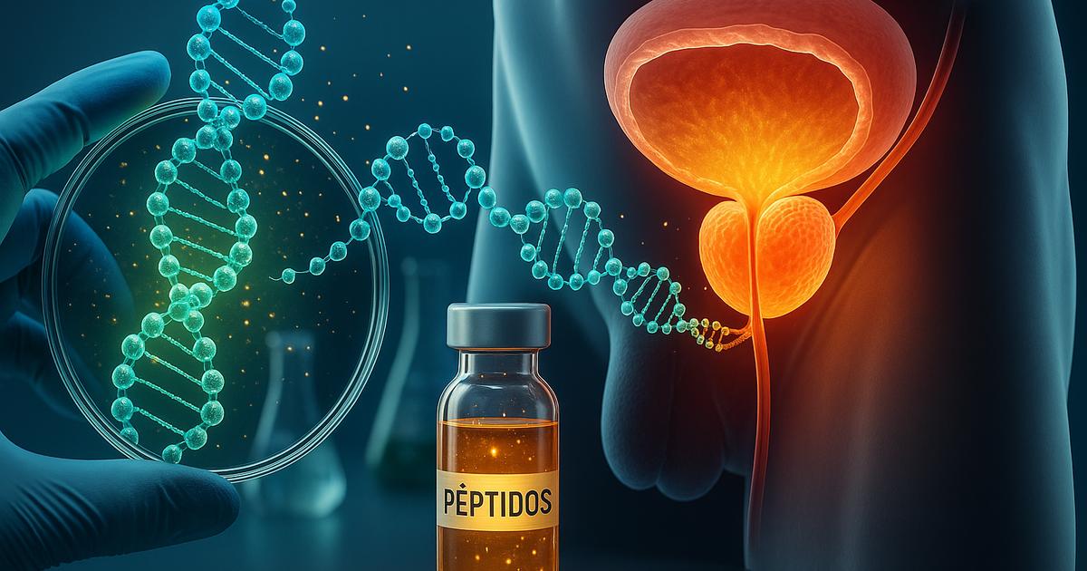Ilustración científica que muestra una terapia dirigida con péptidos hacia la próstata, destacando el ADN y un vial etiquetado como péptidos