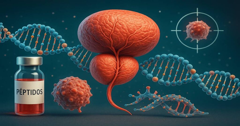 Ilustración médica que muestra péptidos atacando células cancerígenas de próstata con precisión genética