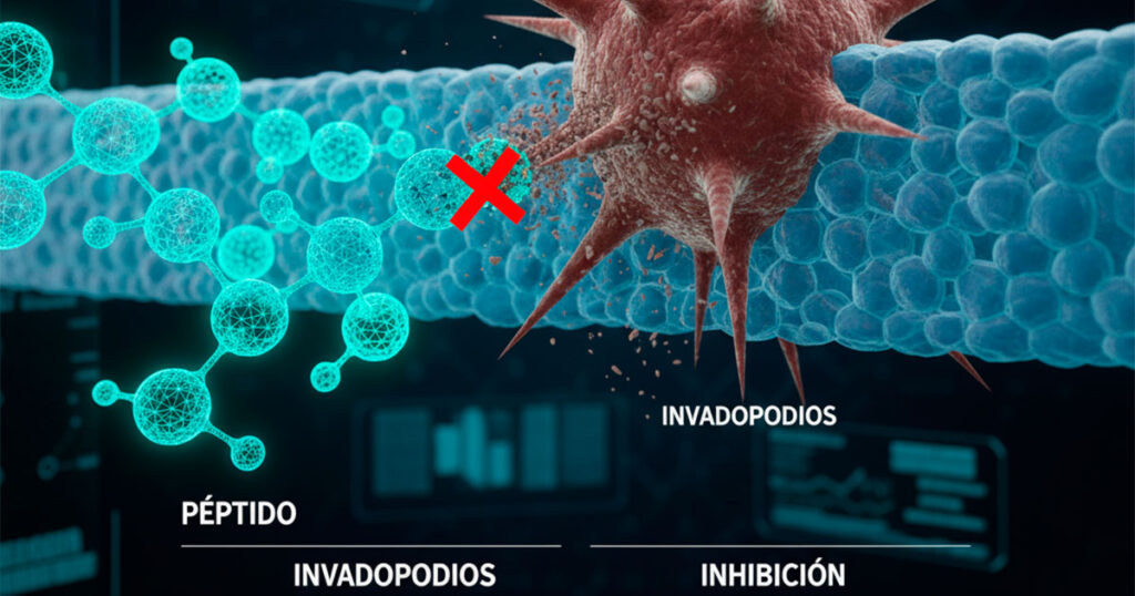 Representación molecular de un péptido inhibiendo la formación de invadopodios en células cancerosas.