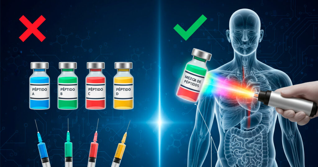 Frascos individuales de péptidos comparados con un solo vial de mezcla peptídica aplicado sobre cuerpo humano digitalizado.