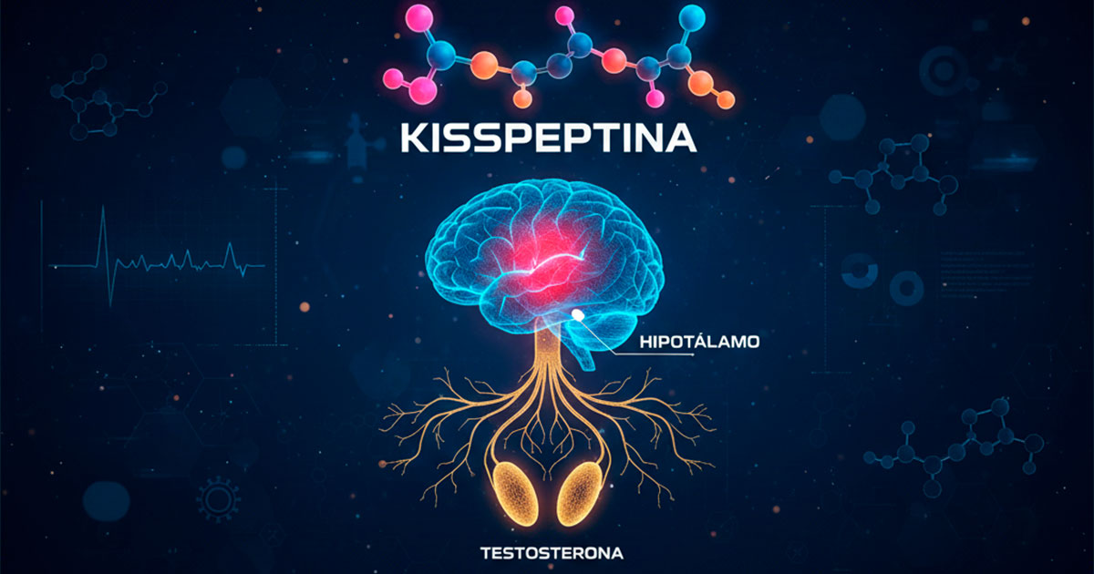 Representación de la kisspeptina activando el hipotálamo para estimular la producción de testosterona desde los testículos